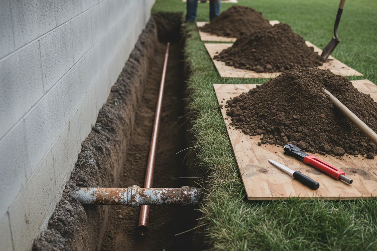 Excavated water line trench during Water Softener Installation in Orestes